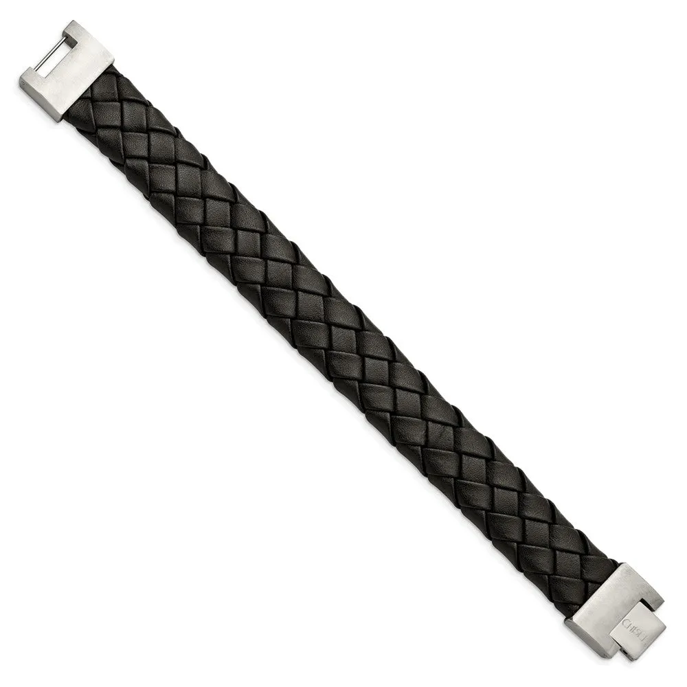 18mm Stainless Steel & Black Leather Woven Bracelet, 8.5 Inch