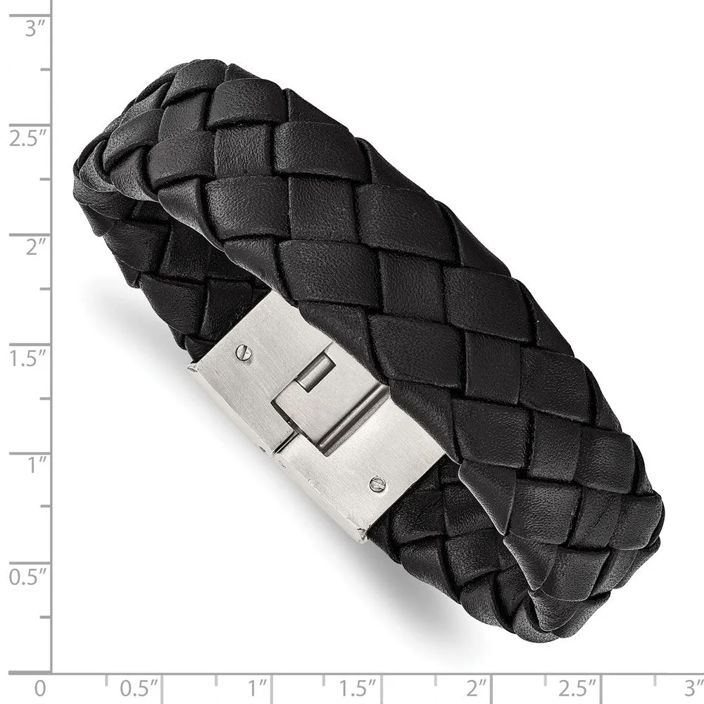 18mm Stainless Steel & Black Leather Woven Bracelet, 8.5 Inch