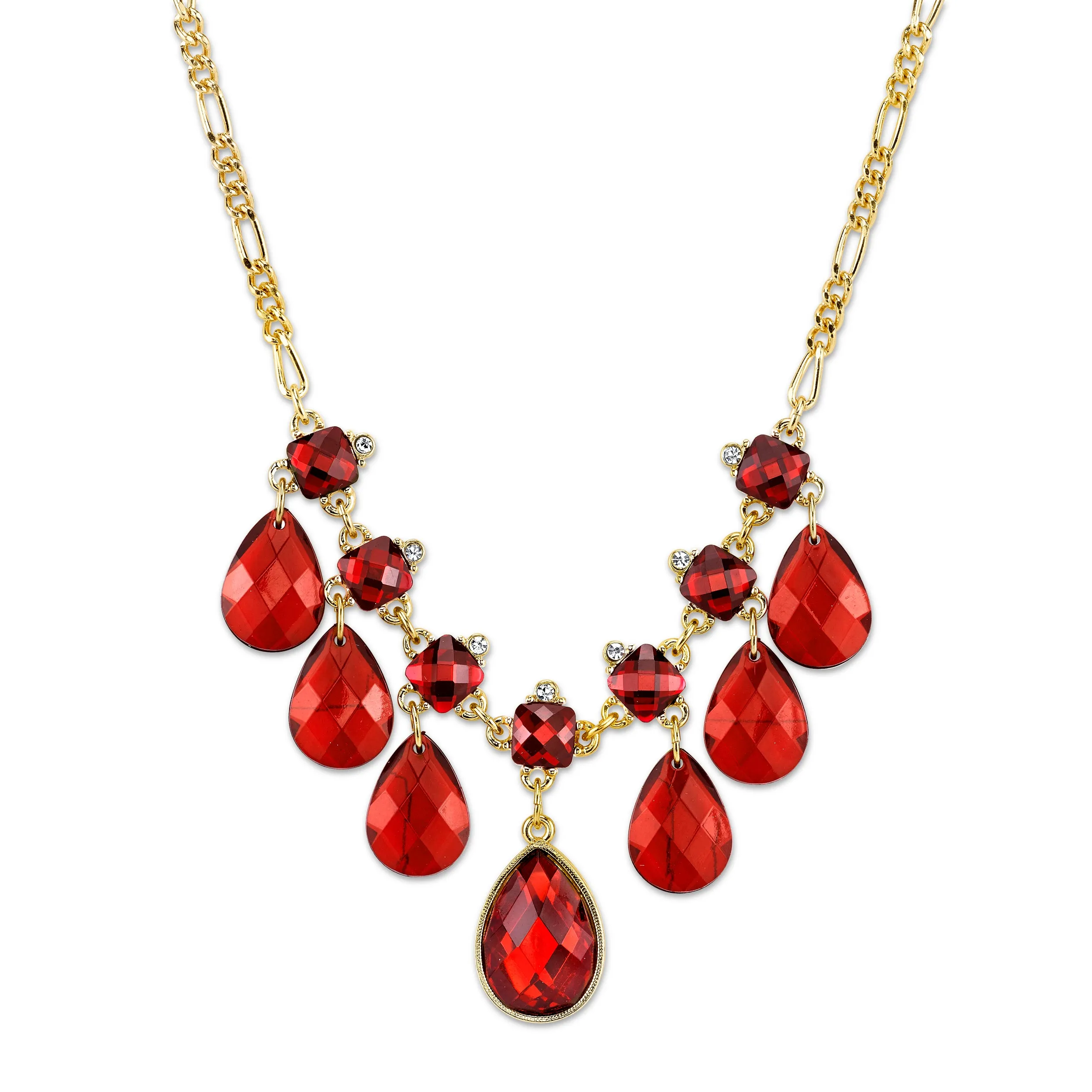 2028 Jewelry Square And Teardrop Red Crystal Bib Drop Necklace 16 + 3 Extender