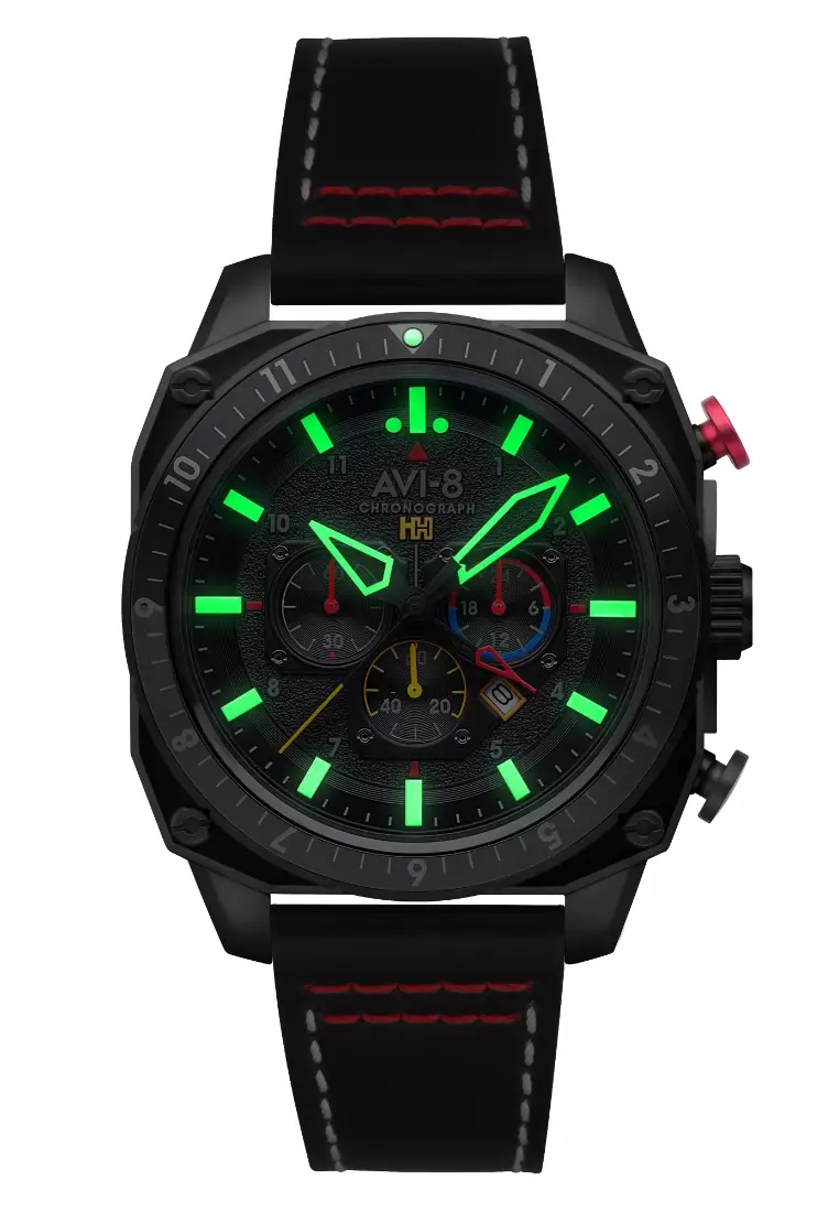 AVI-8 AVI-8 Men's 43mm Hawker Hunter Atlas Dual Time Chronograph Watch With Black Leather Strap AV-4100