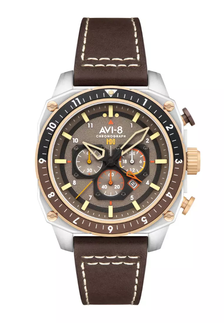 AVI-8 AVI-8 Men's 44mm Hawker Hunter Atlas Dual Time Chronograph Watch With Brown Leather Strap AV-4100