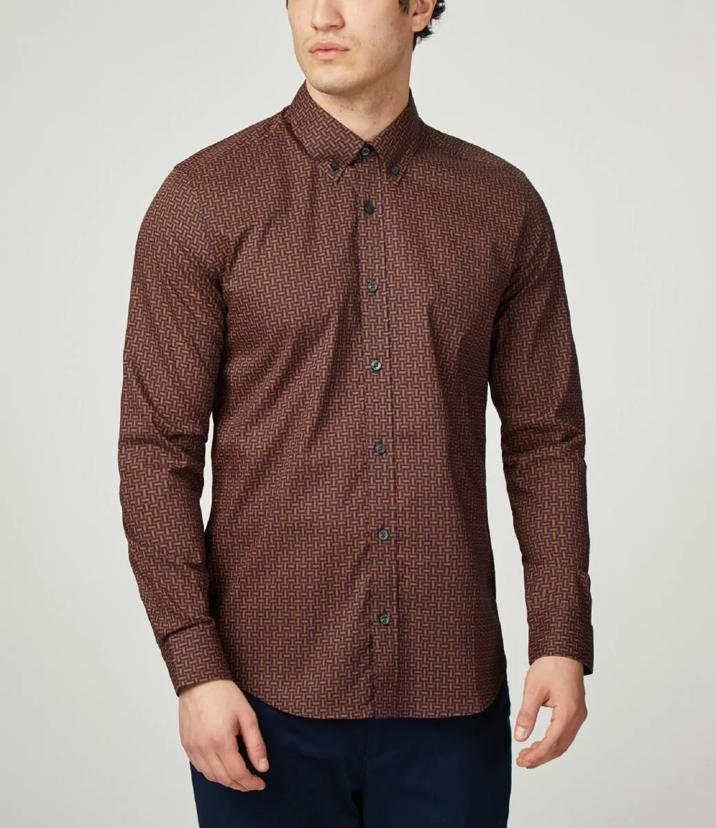 Ben Sherman Long Sleeve Split Spot Print Shirt Brown