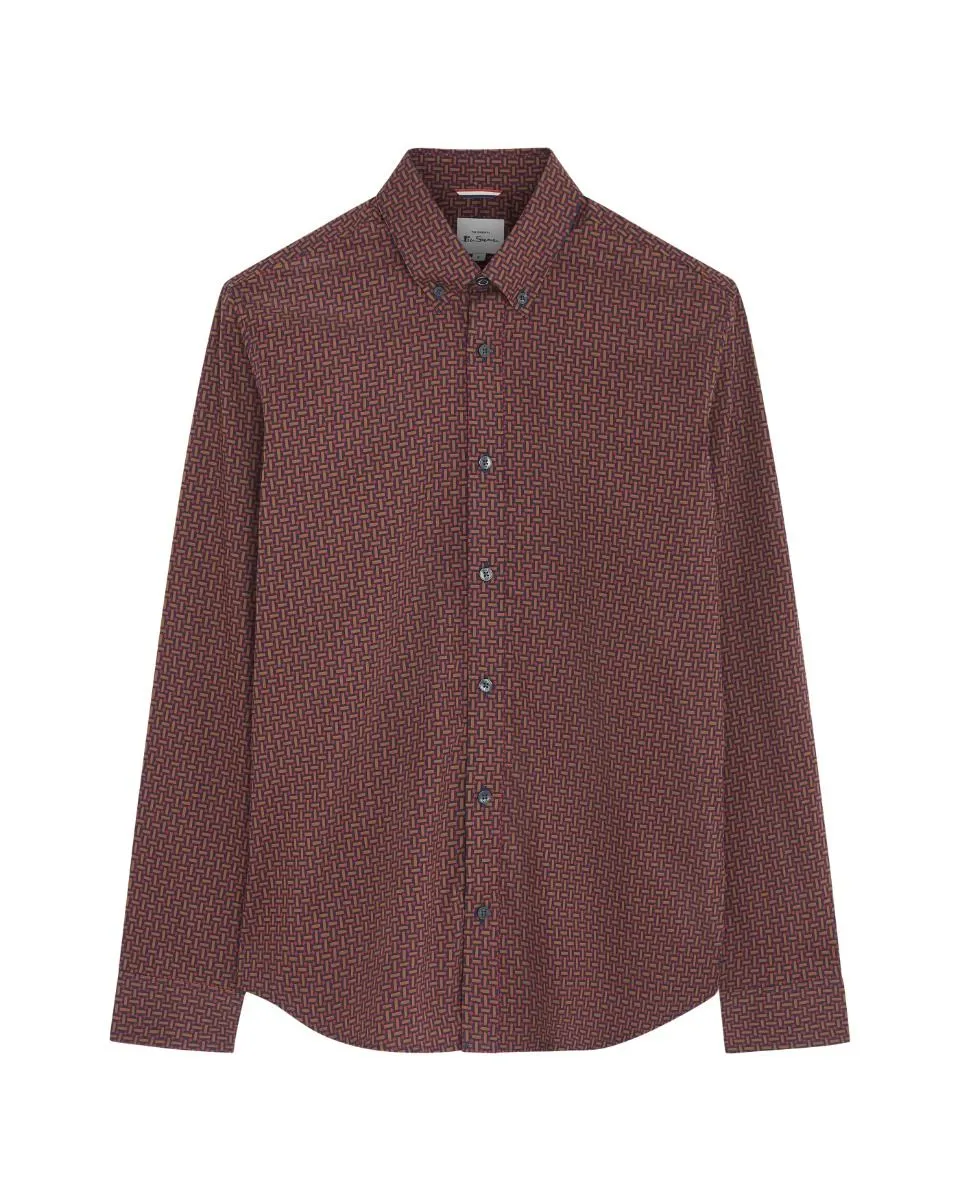 Ben Sherman Long Sleeve Split Spot Print Shirt Brown