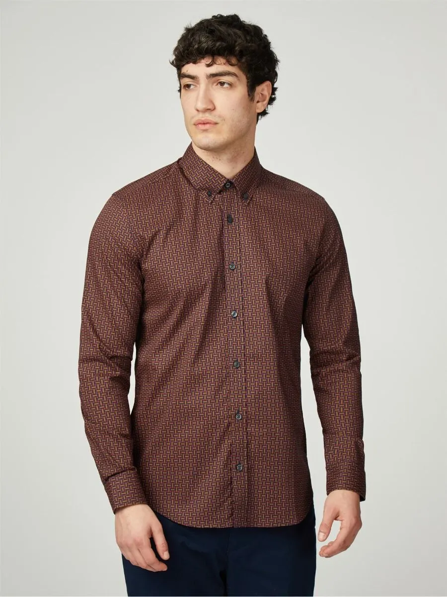 Ben Sherman Long Sleeve Split Spot Print Shirt Brown