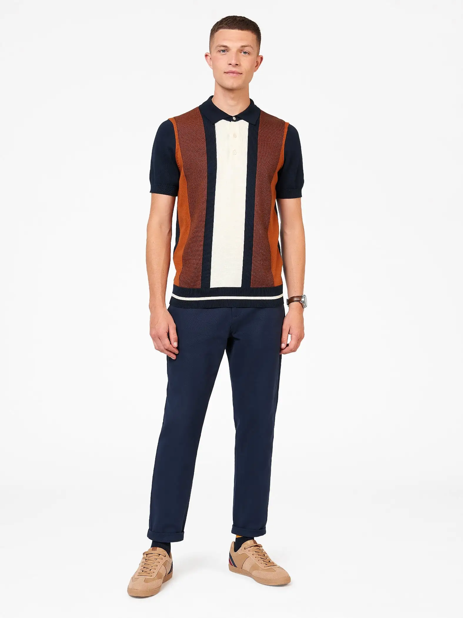 Ben Sherman Mens Vertical Stripe Knitted Polo Shirt