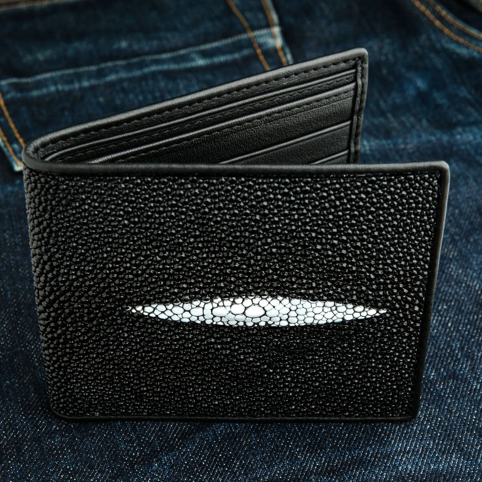 Black Long White Pearl Stingray Leather Men's Wallet