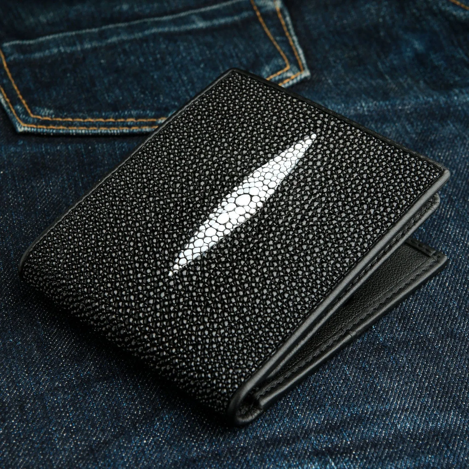 Black Long White Pearl Stingray Leather Men's Wallet