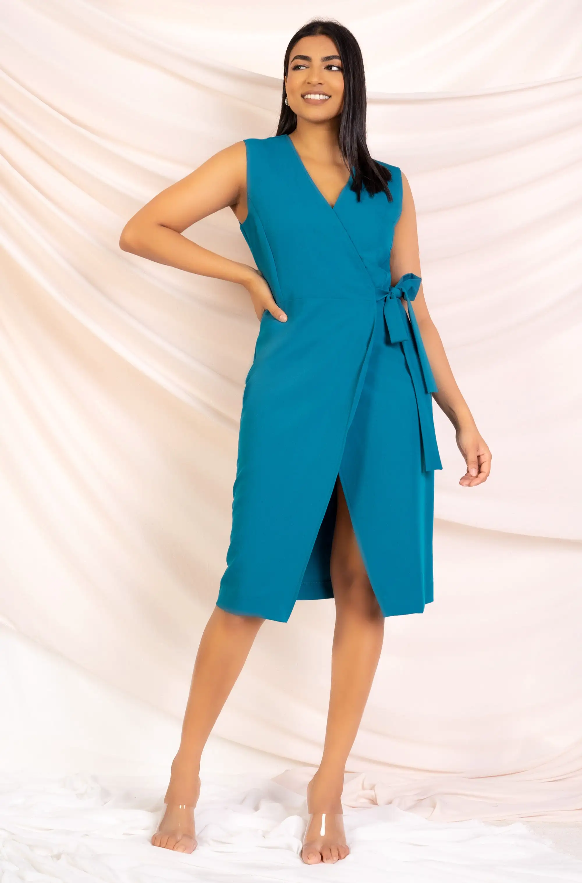 Blue Sleeveless Wrap Dress