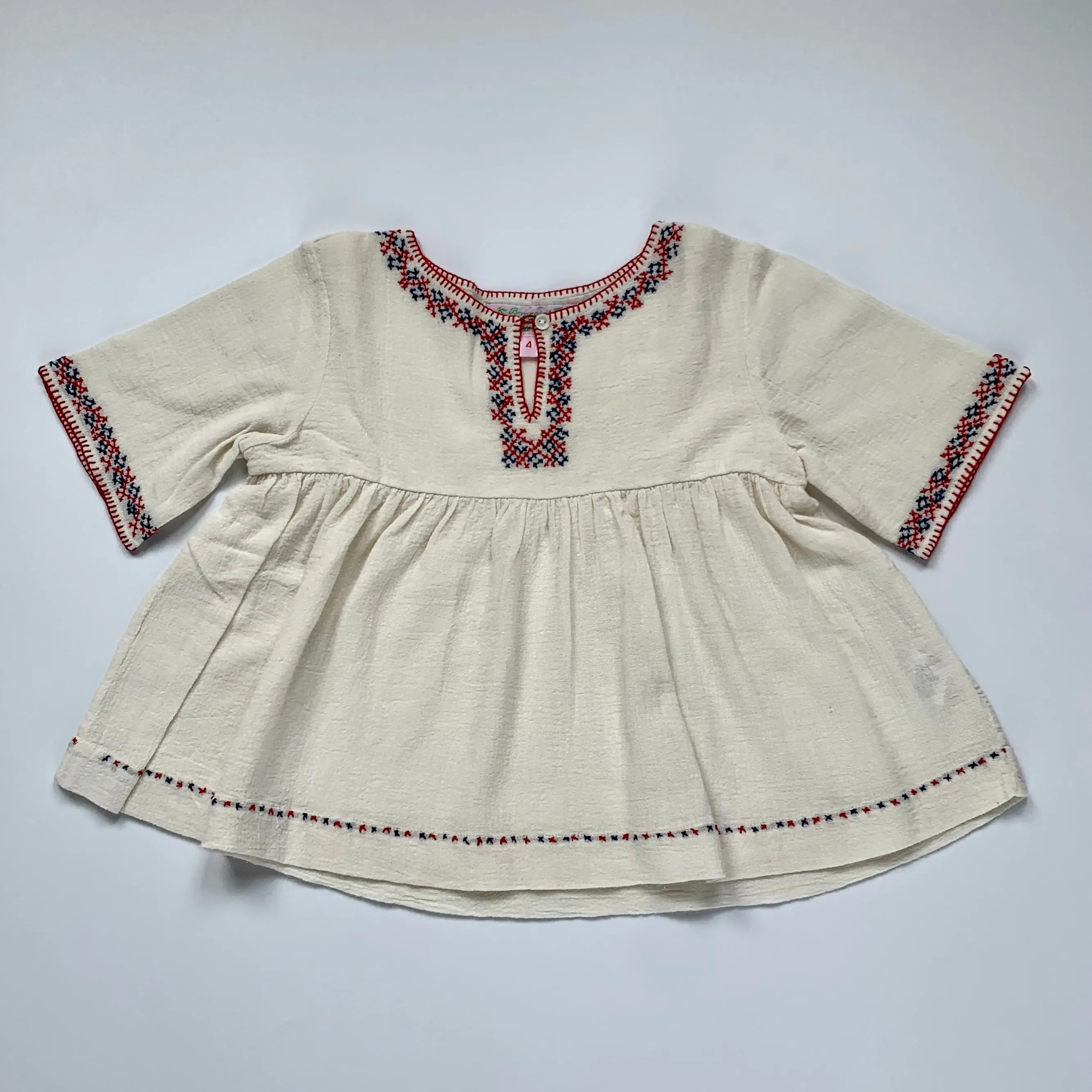 Bonpoint Cream Peasant Top With Red And Blue Embroidery: 4 Years