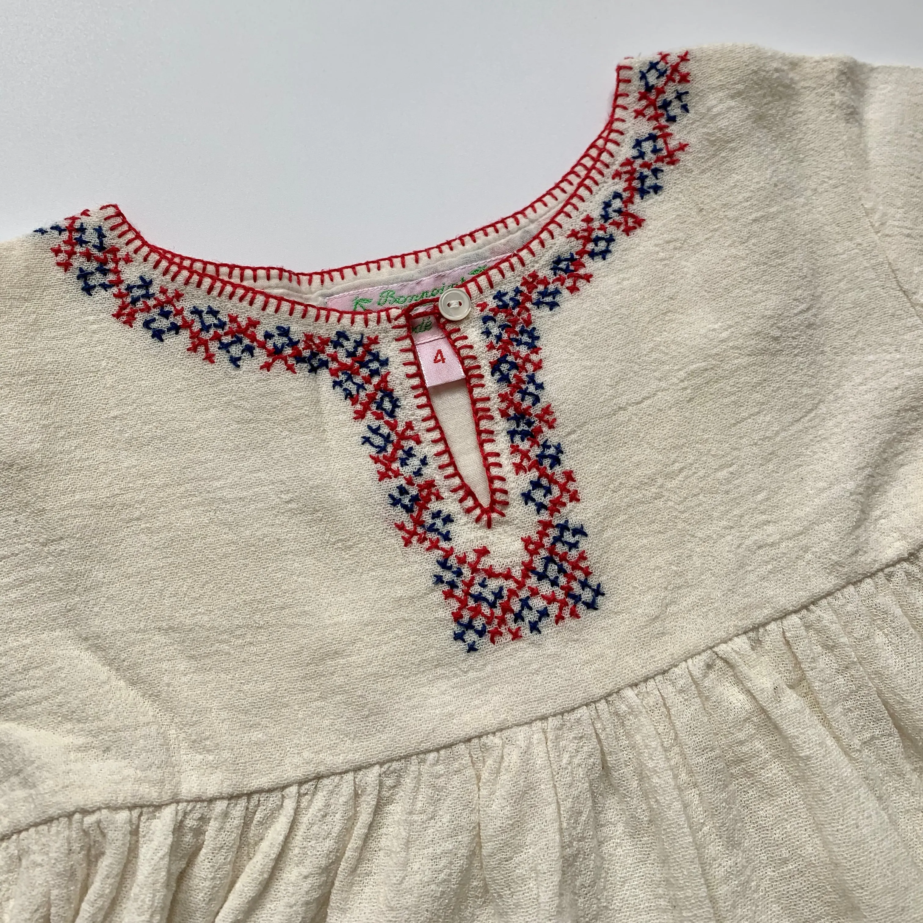 Bonpoint Cream Peasant Top With Red And Blue Embroidery: 4 Years