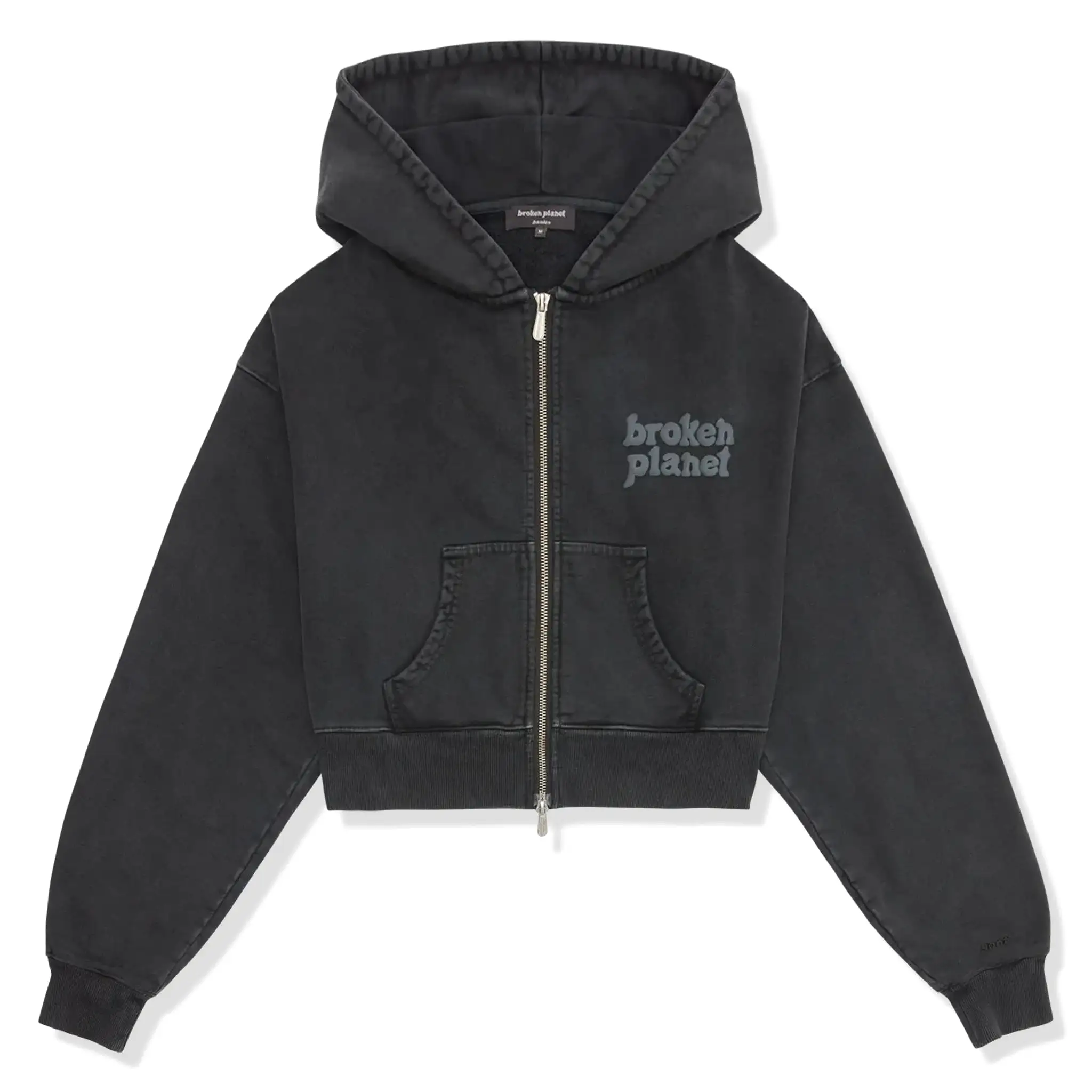 Broken Planet Basics Washed Soot Black Cropped Zip-Up Hoodie