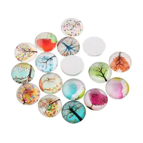 Cabochons, Glass, Dome, Seals, Flat Back, Assorted, Printed, Trees, 20mm