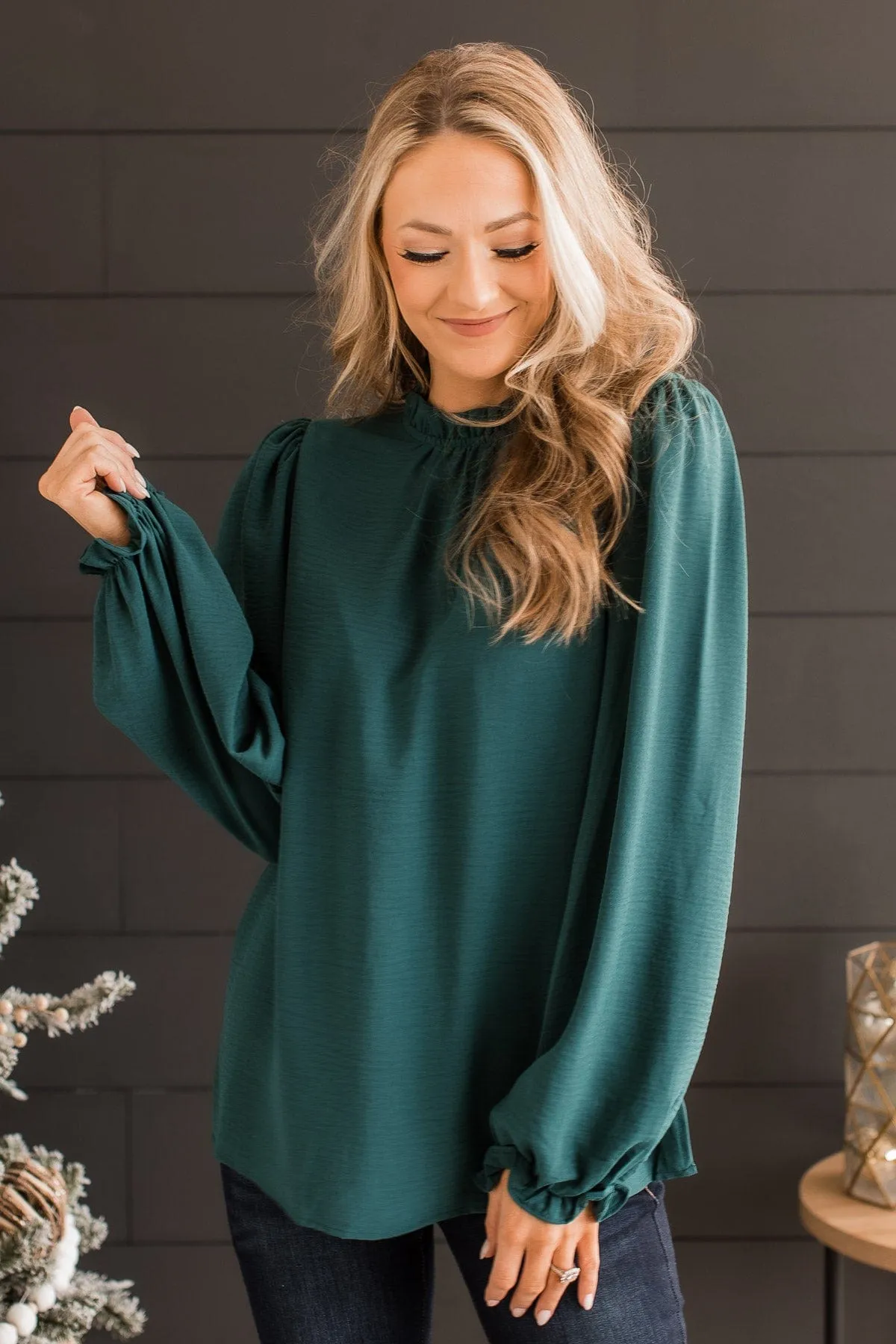 Lasting Daydreams Long Sleeve Blouse- Hunter Green