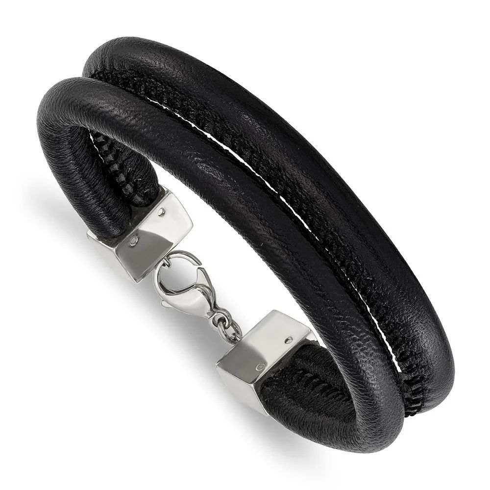 Men's Black Leather Cord & Stainless Steel Double Row Bracelet, 8.5 In