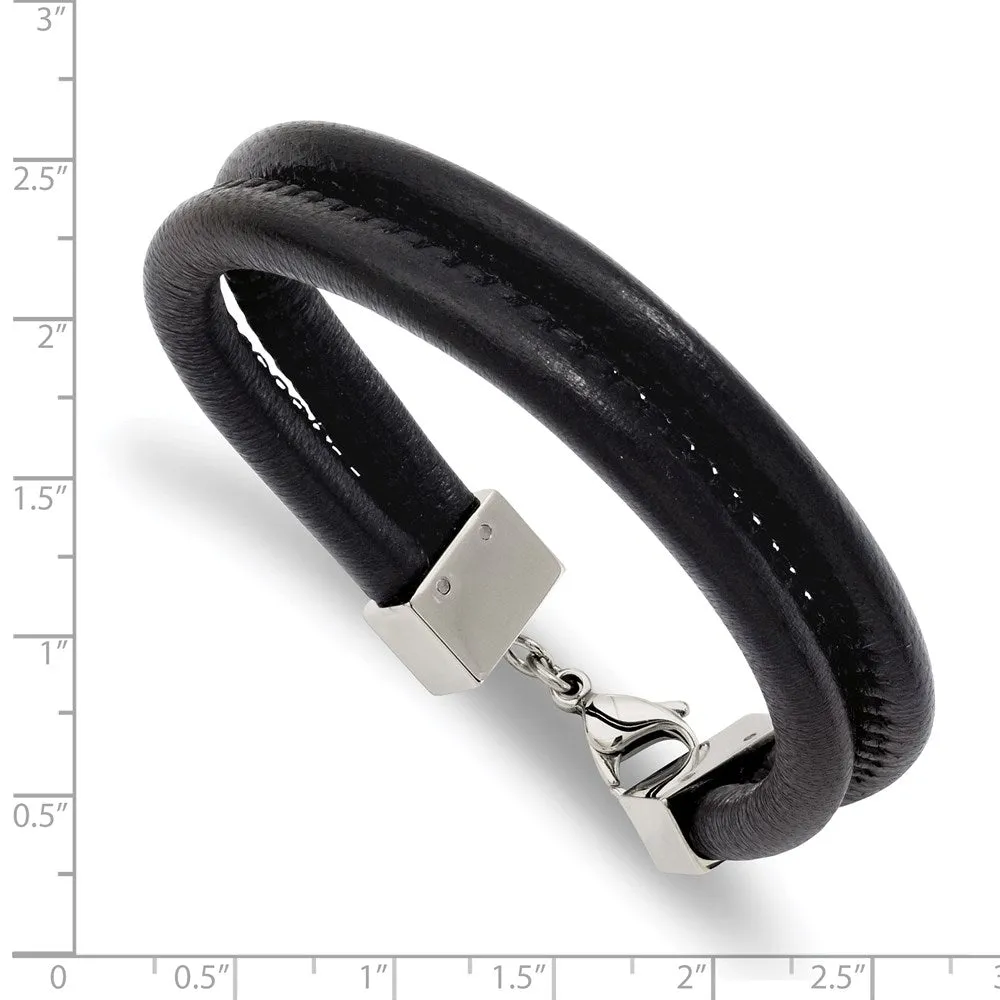 Men's Black Leather Cord & Stainless Steel Double Row Bracelet, 8.5 In