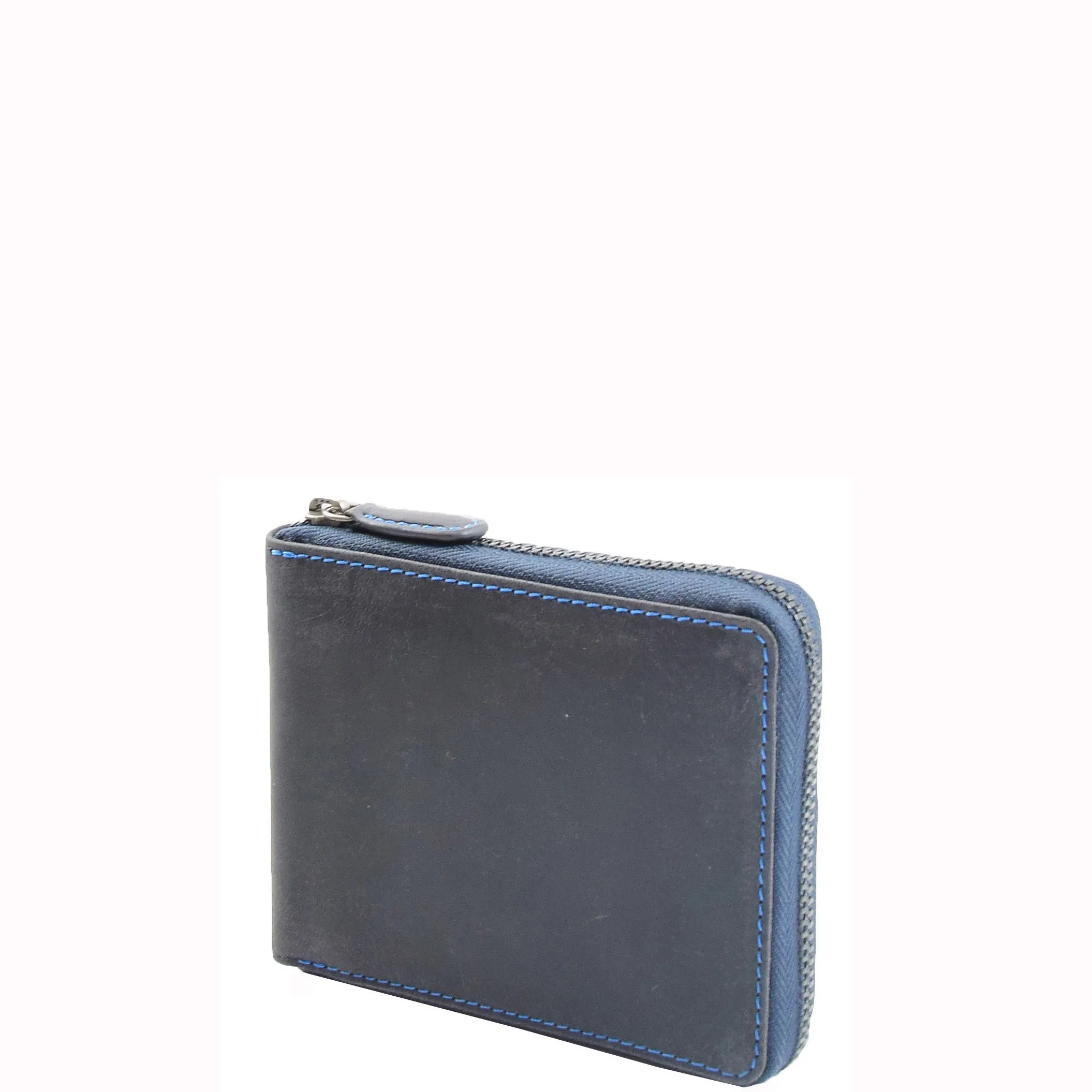 Mens Real Leather Hunter Zip Oiled Leather Wallet RFID HOL2207 Blue