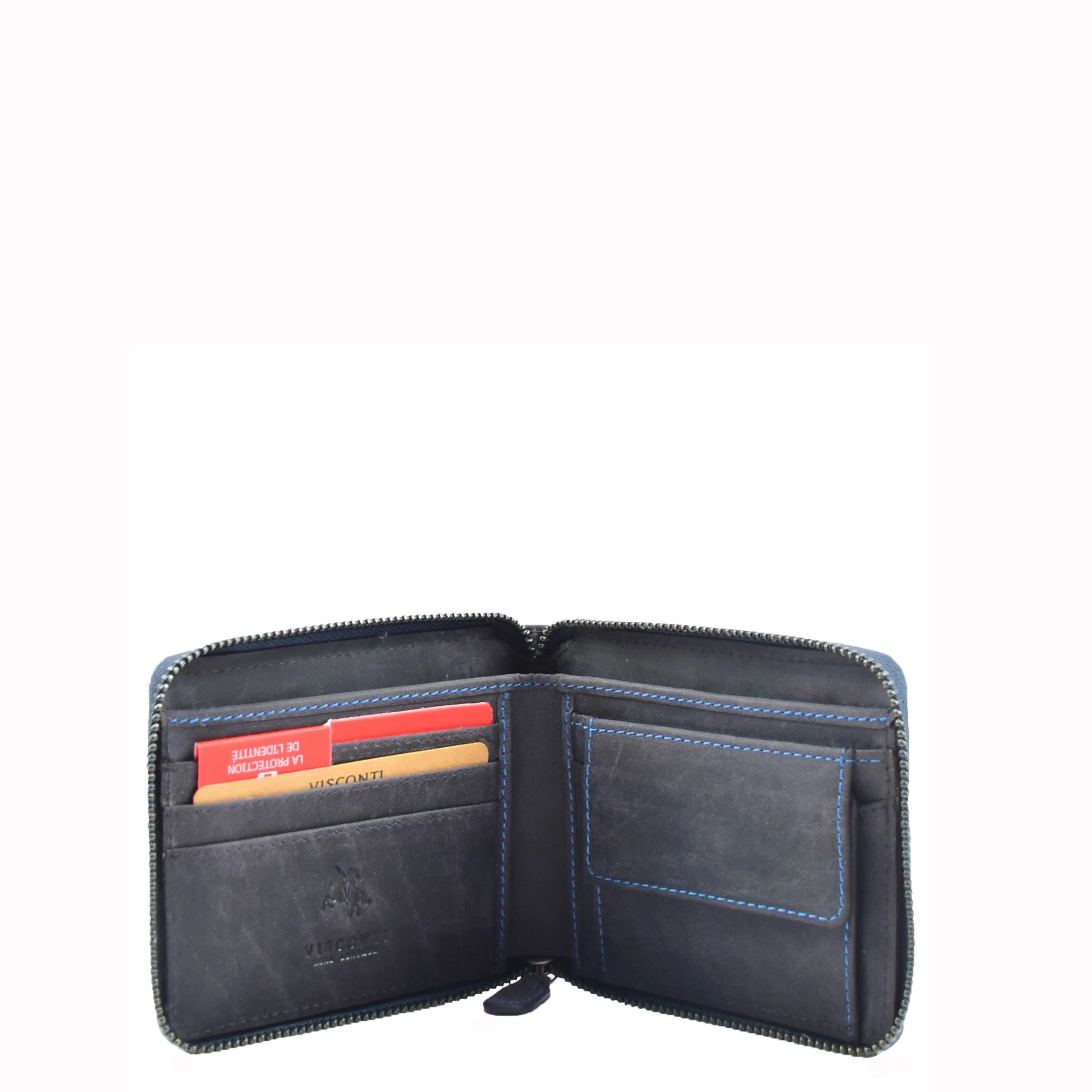 Mens Real Leather Hunter Zip Oiled Leather Wallet RFID HOL2207 Blue