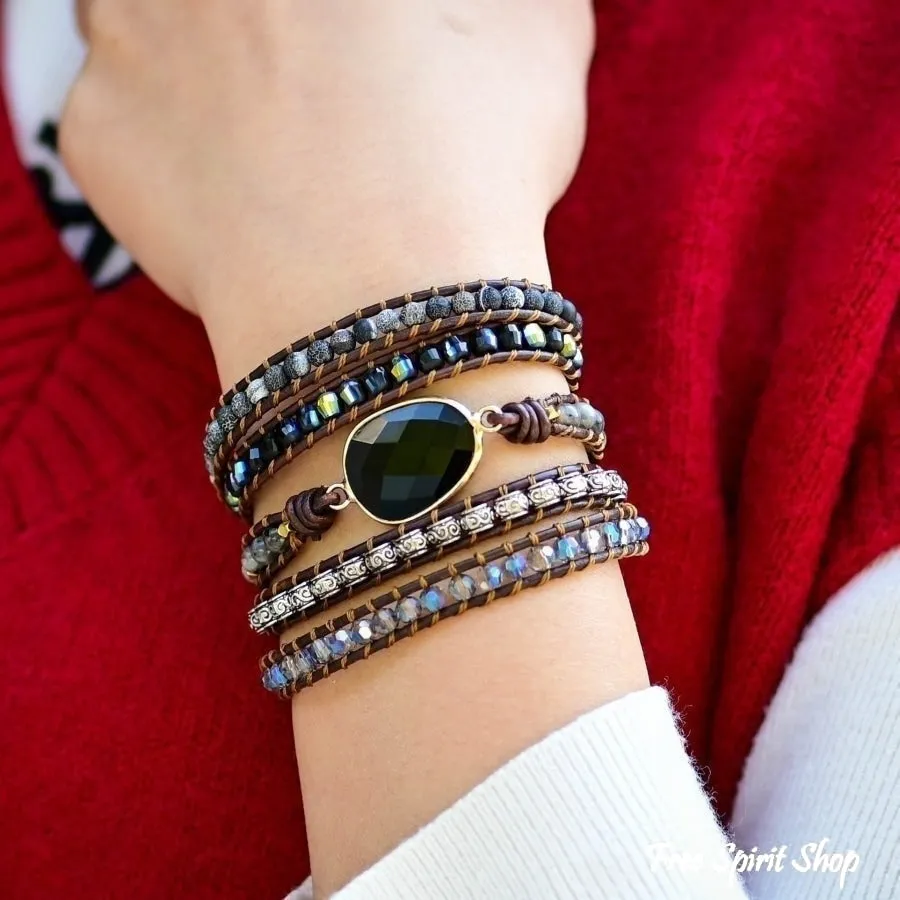 Natural Black Onyx Beaded Wrap Bracelet