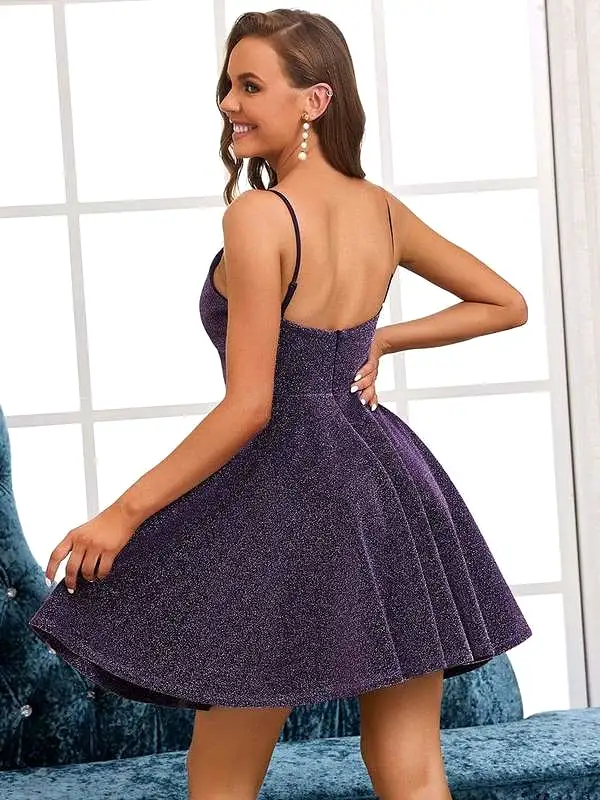 Short Shimmer Purple V-Neck Grad Dress Style 12403