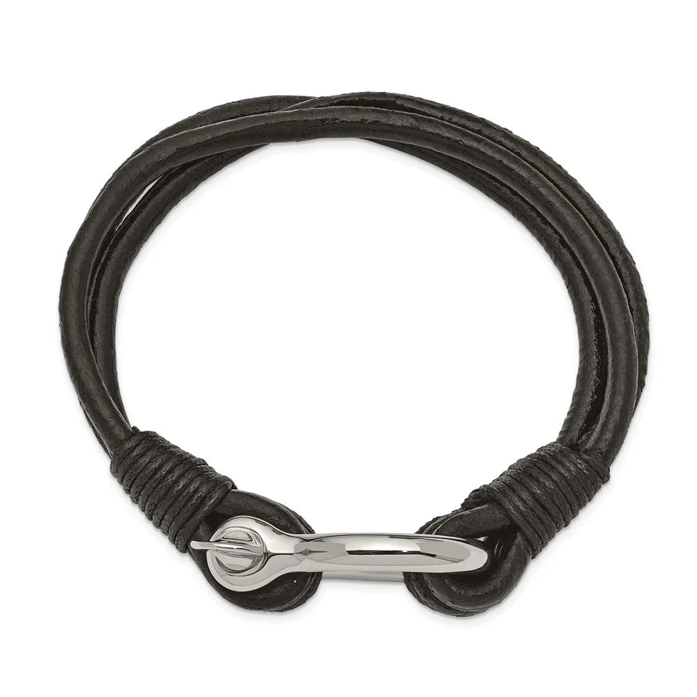 Stainless Steel & Black Leather Shackle Multi Strand Bracelet, 8.5 In