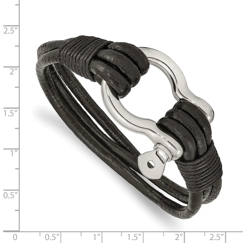 Stainless Steel & Black Leather Shackle Multi Strand Bracelet, 8.5 In