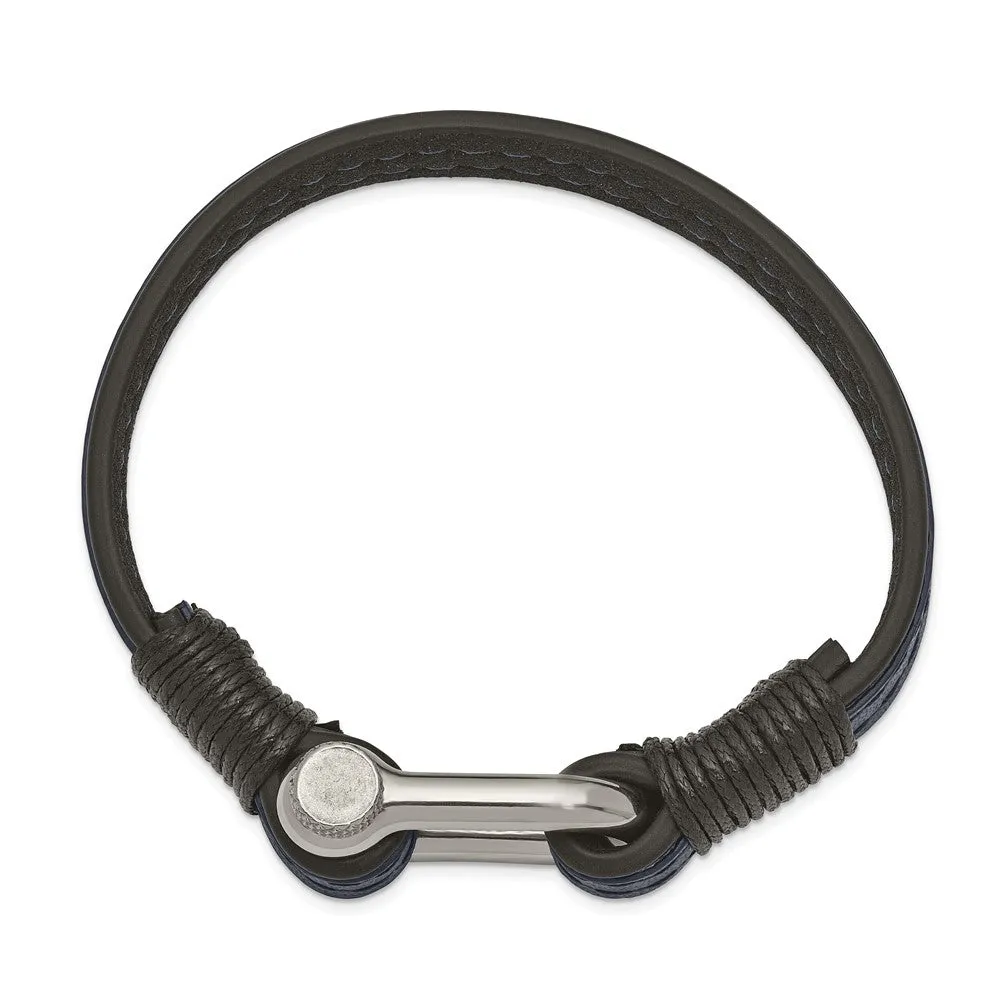 Stainless Steel, Black & Blue Leather Shackle Bracelet, 8.25 Inch