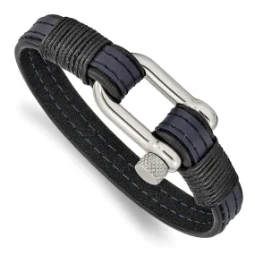 Stainless Steel, Black & Blue Leather Shackle Bracelet, 8.25 Inch