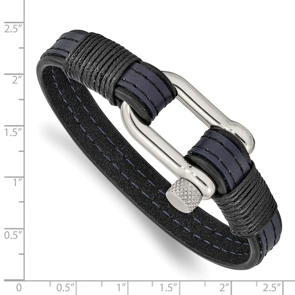 Stainless Steel, Black & Blue Leather Shackle Bracelet, 8.25 Inch