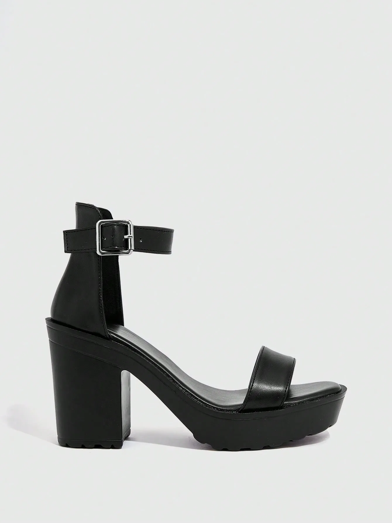 Woman Shoes Elegant Ankle Strap Buckle Decor Black Chunky Heeled Sandals For Spring And Summer